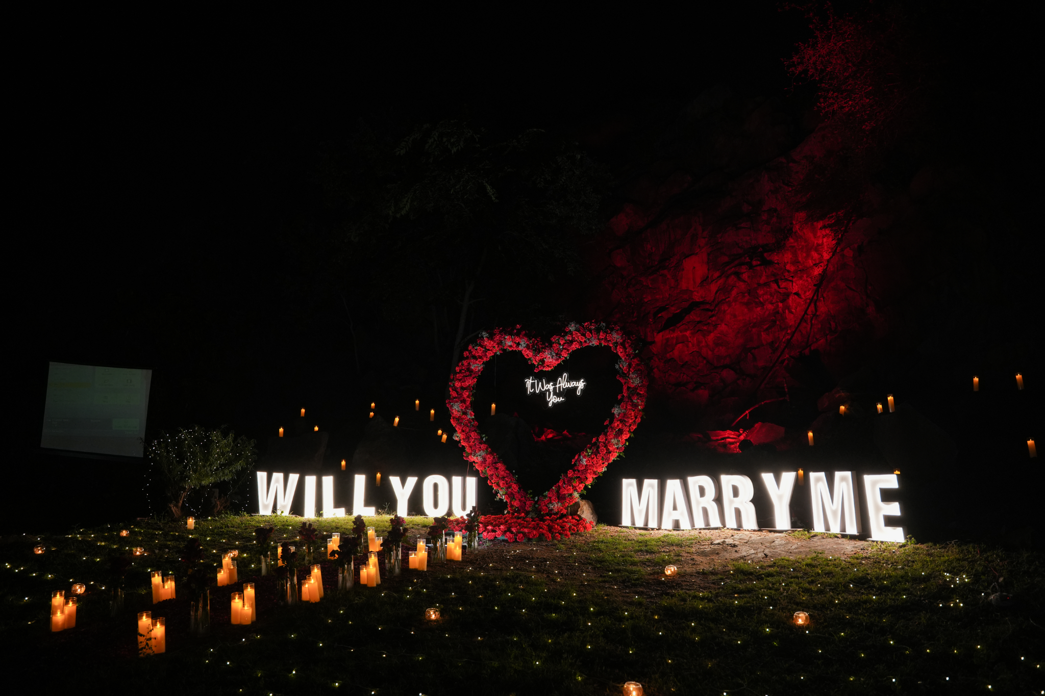 Romantic Movie Night Proposal With Waterfall View